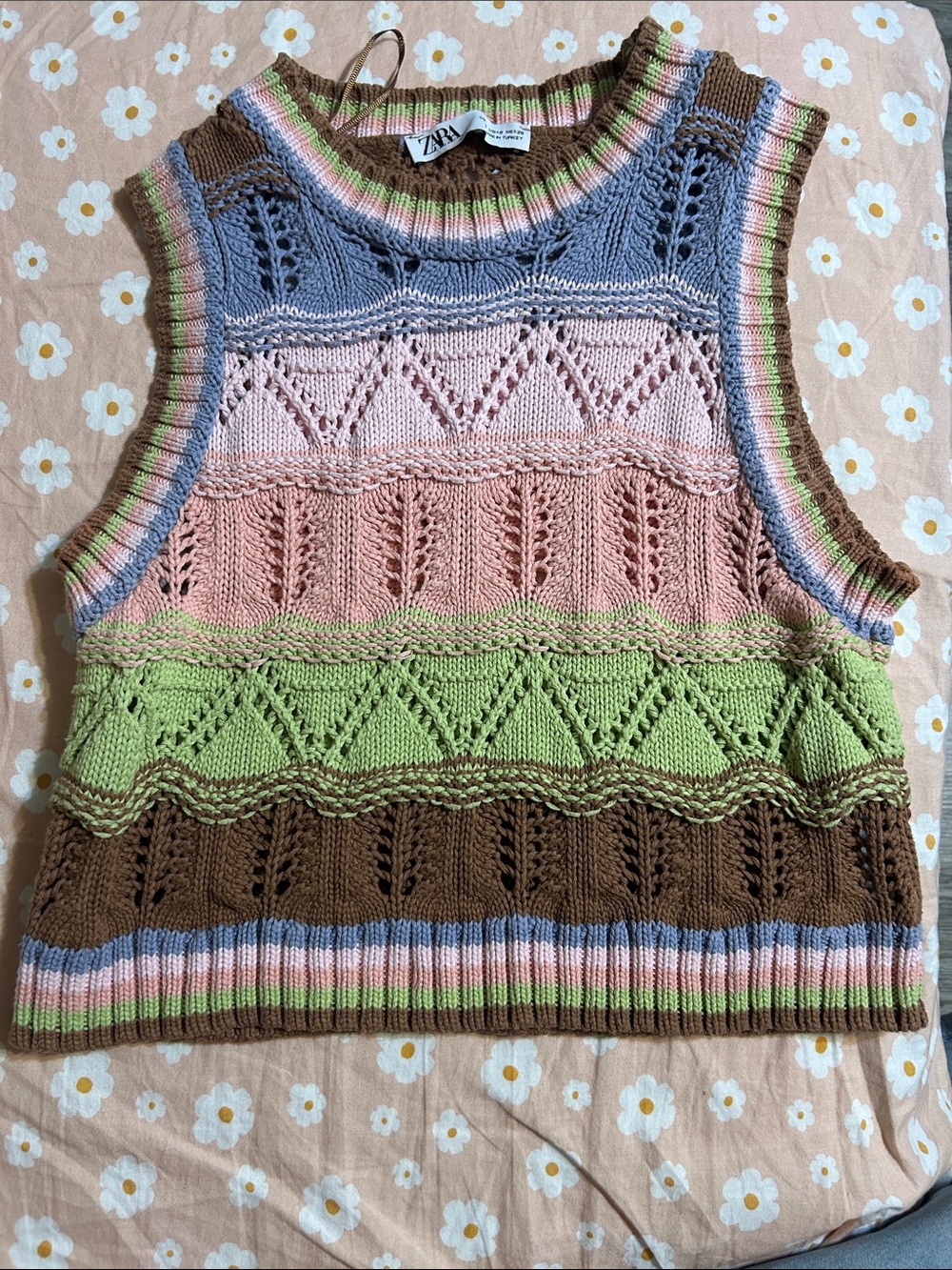ZARA Striped Knit Tank Top in Blue, Pink, Green & Brown - Picture 1 of 4